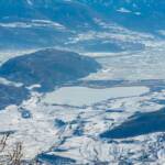 Caldaro, Catinaccio, Corno Bianco, Corno nero, Dolomiten, Kalterer See, Kalterersee, Kaltern, Latemar, Panoramaaufnahme, Penegal, Rosengarten, Rosengartengruppe, Schwarzhorn, Weisshorn, Weißhorn, Winter, inverno, wandern, weiße Jahreszeit, winter