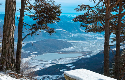 Wandern Südtirol: Schneeschuhwanderung vom Mendel Pass zum Penegal: Ausblick auf das Südtiroler Unterland mit dem Kalterer See und der Leuchtenburg.