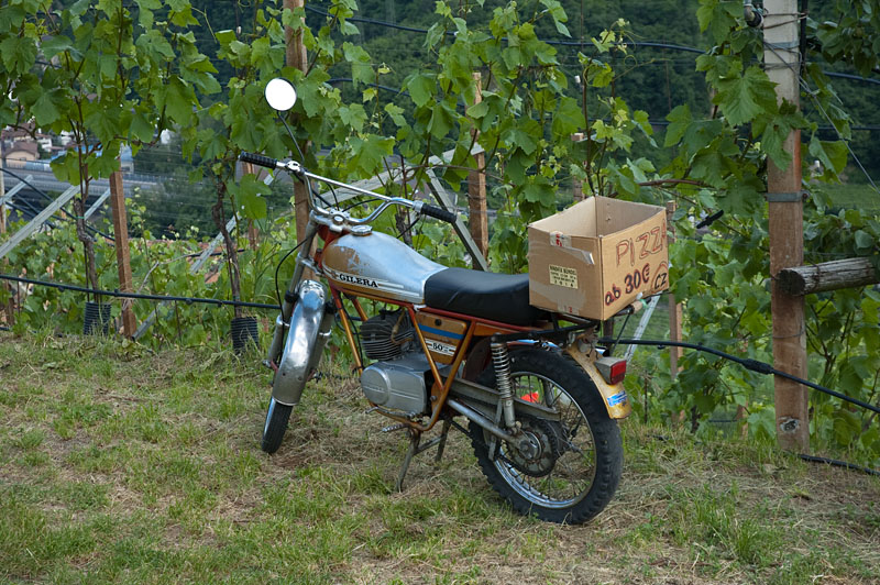 Motorrad im Weinberg bei Bozen