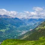 Blick über den Vinschgau in Richtung Talschluss mit Texelgruppe, Alto Adige, Berg, Berge, Goldrain, Latsch, Ortler, Ortlergruppe, South Tyrol, Sudtirol, Sudtirolo, Suedtirol, Südtirol, Tal, Texelgruppe, Valle, Vinschgau
