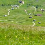 Blick von der Seceda Richtung Grödnertal, Alm, Almenlandschaft, Almlandschaft, Berghaus, Gardena, Goeden, Gröden, Grödental, Grödner Tal, Grödnertal, Matte, Schutzhaus, Schutzhütte, Seceda, Val Gardena, Valgardena, Weide, refuge, rifugio