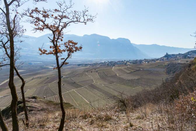 Blick ins Südtiroler Unterland nach Tramin; im Vordergrund der große Porphyrstein.