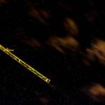 Kran im Sternenhimmel, Himmel, Kran, Nacht, Nachtaufnahme, Stern, Sterne, Sternenhimmel, gelb