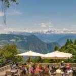 Blick vom Restaurant Apollonia, Catinaccio, Dolomitenblick, Obersirmian, Restaurant Apollonia, Rosengarten, Rosengartengruppe, Schlern, Schlerngebiet, Schlernmassiv, Schlernspitzen, Sciliar