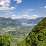 Blick von Perdonig nach Bozen mit Schlern und Rosengarten, Bolzano, Bozen, Catinaccio, Dolomitenblick, Landeshauptstadt Südtirol, Rosengarten, Rosengartengruppe, Schlern, Schlerngebiet, Schlernmassiv, Schlernspitzen, Sciliar, Terlan, Tschöggelberg, Tschögglberg