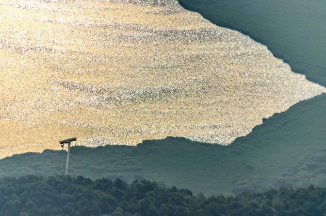 Blick auf den goldenen Kalterer See am frühen Morgen