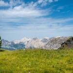 Almhütte im Val San Nicolò mit Blick auf den Rosengarten, Almhütte, Catinaccio, Catinaccio d’Antermoia, Kesselkogel, Rosengarten, Rosengartengruppe, Val San Nicolò