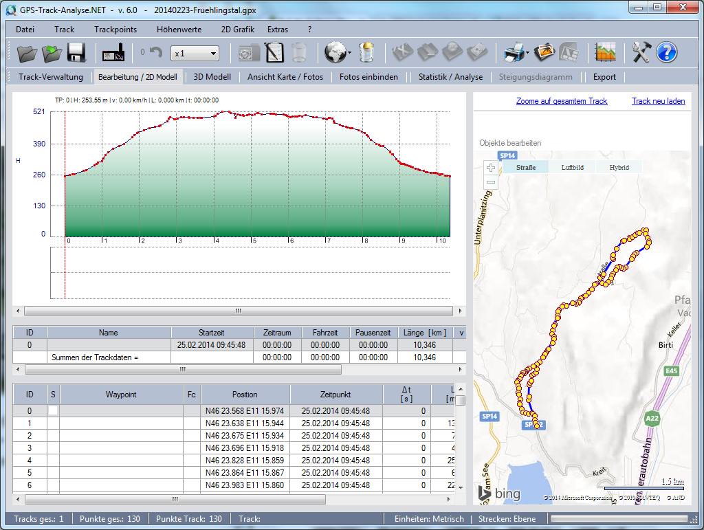 GPS-Track-Analyse.NET - Bearbeitung / 2D Modell