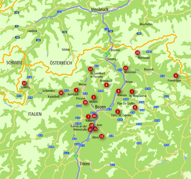 Korrigierte Übersichtskarte Wandern für die Seele - Südtirol.