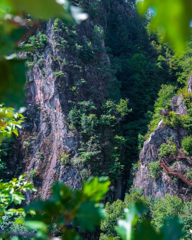 Blick auf den Eingang zur Klamm mit der rostbraunen Eisentreppe, welche den Zugang für Jedermann ermöglicht.