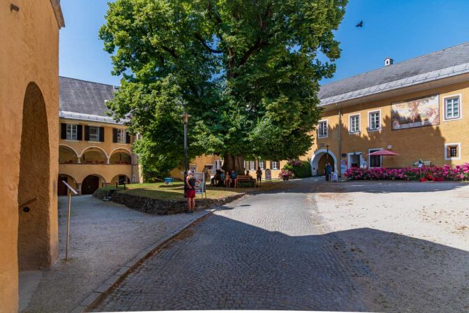 Der Innenhof des Stiftes Millstatt, der von einer großen Linde gesäumt wird, ist ein Ort der Ruhe und Besinnung.